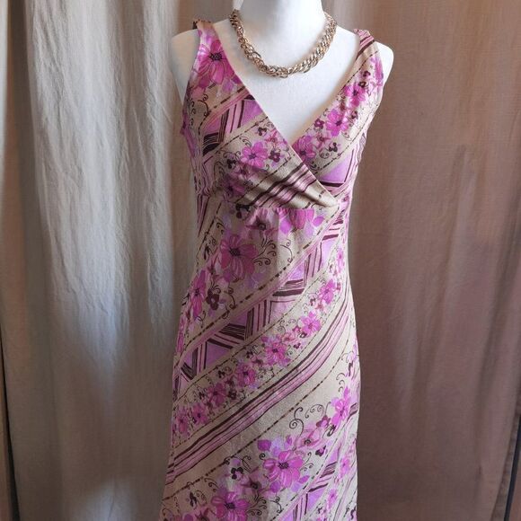 90s Crosover Neckline Midi Dress Print Graphic Pink & Tan Pastel Shift - Picture 1 of 6